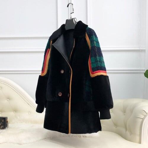 2020 New Real Women Winter Plaid Sheep Shearling Coat Korean Oversize Fashion Natural Fur Coats Jackets K18011 KJ3720