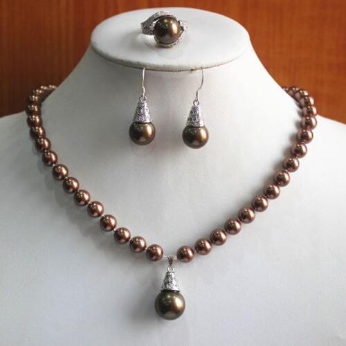 New Design WomenS Coffee Pearl Necklace Earring Ring(7/8/9)Jewelry Set