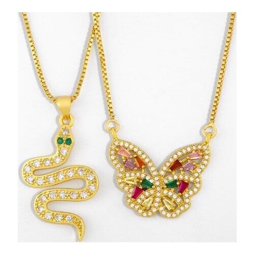 Butterfly snake micro pave cz zircon cubic zirconia necklace copper Clavicle gold plated Snake Chain Choker Pendant rtg34