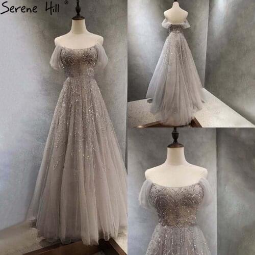 Serene Hill Grey Luxury Sexy Evening Dresses Gowns 2021 Beaded A-Line Lace Up For Women Party LA71384