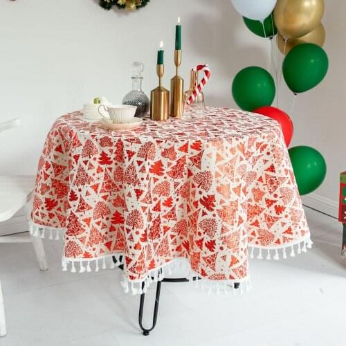 Christmas Round Table Cloth Xmas Tree Pattern Cotton Linen Tablecloth Washable Table Cover Banquet Home Dinner Table Decoration