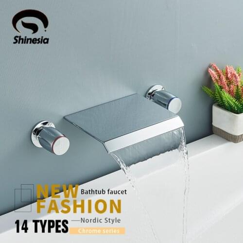 Shinesia Chrome Waterfall Bathtub Shower Faucet Wall Mounted Basin Faucet for Vessel Hot and Cold Water Mixer Tap Crane 14 Types