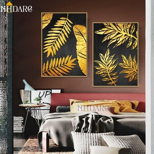 Vogue Modern Golden Leaves Posters And Prints Canvas Painting Art Wall Pictures For Living Room Modern Nordic Home Decor