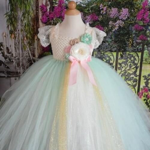 Vintage Mint Gold Flower Girl Dress Mint and Ivory Flowers Embellished Pearl Rhinestones Flower Baby Girl Tutu Dress for Wedding
