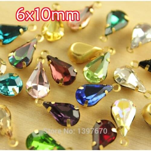 20pc 6x10mm teardrop glass crystal Vintage shining Rhinestone single Daggle Beads pendant with gold casting connectors
