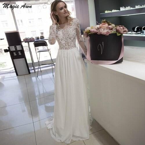 Magic Awn Chic Bohemian Wedding Dresses Lace Appliques Illusion Long Sleeves Chiffon Beach Bridal Gowns Oprn Back Robes Mariee