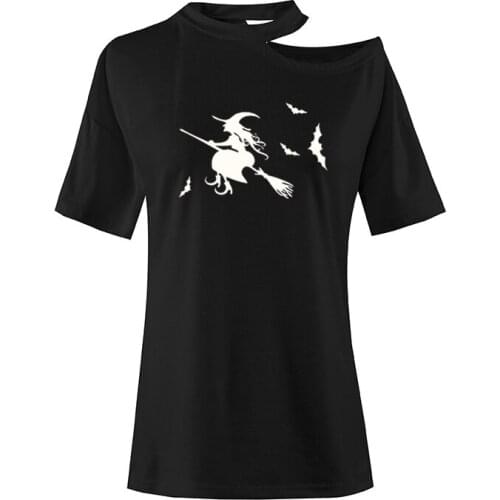 2021 Summer Arrival Happy Halloween Witch Bats T Shirt Fashion Women Irregular Skew Cross Bandage Tees Loose Harajuku Tops