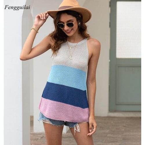 2021 Summer New Beach Casual Knitted Blouse Womens Sexy Neck Color Matching Striped Vest Top