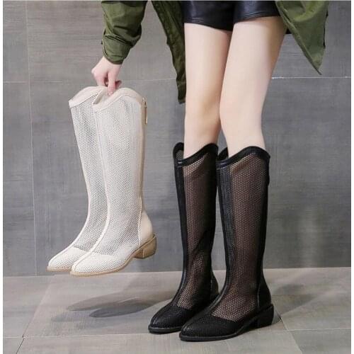 Womens Summer Shoes 2021 Summer Mesh Women Knee-High Boots Breathable Hollow Flat Roman Sandals High Tube Chelsea Cool Boots