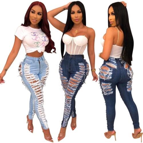 2020 Women Ankle-Length Slim Fit Pencil Denim Jeans Pants High Waist Washed Many Holes Ripped Demin Jeggings Ladies Skinny Jeans