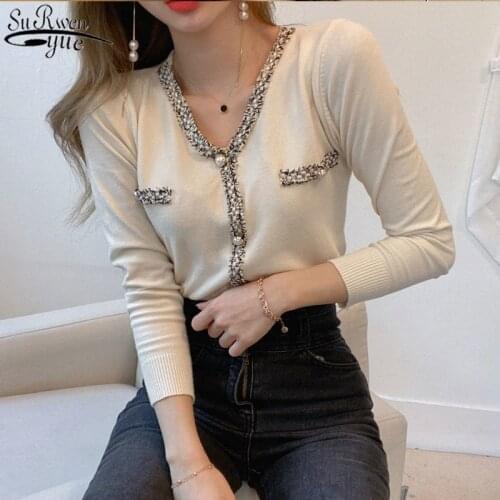 Autumn Winter Elegant Solid Pearl Button Sweater Korea V-neck Chic French Stitching Women Vintage Knit Bottoming Sweater 12232