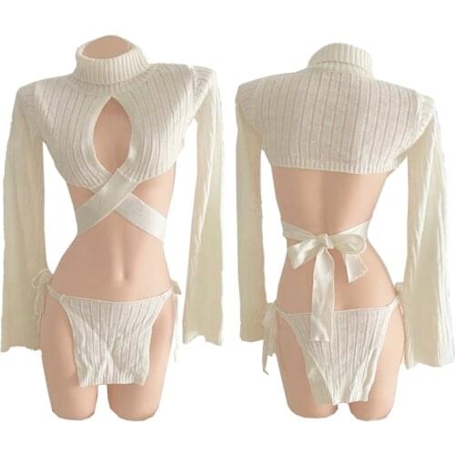 Lolita Sexy Women Open Bust Hollow Turtleneck Knitted Pullovers Long Sleeve Bondage Sweater Anime Girl Cosplay Costume Wholesale