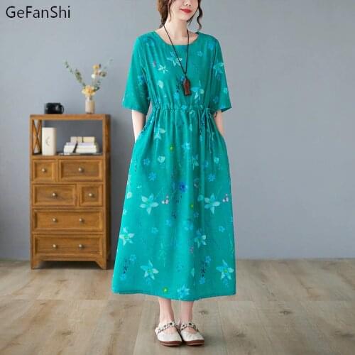 2021 New Summer Short Sleeve Plus Size Cotton Linen Fashion Women Casual Loose Dress Elegant Ladies Mid-calf Dresses Green