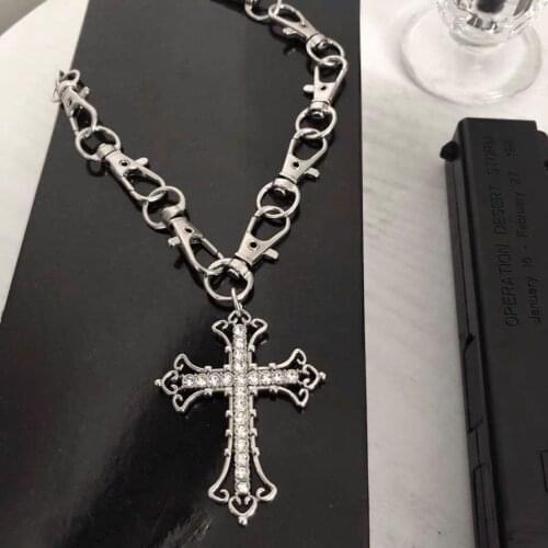 Harajuku Punk Diamond Cross Pendant Necklace For Women Fashion Silver Vintage Gothic Stainless Steel Jewelry Choker collar