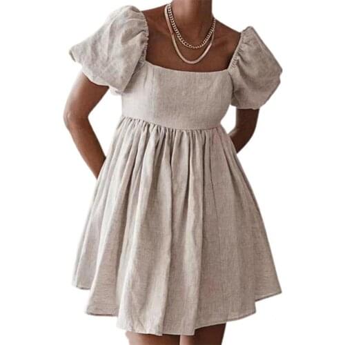Short Length Vintage Ladies Square Collar Puff Sleeve Dress Mini Dress High Waist for Going Out