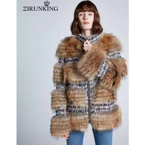 ZIRUNKING New Arrival Real Raccoon Fur Coat Female Warm Natural Fur Jacket Winter Thick Lady Knitted Stripe Outerwear ZC1933