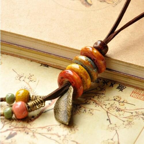 10 piece/lot Long Leather Necklace Ceramic Beads Pendants Leaf Charm Chain Choker Women Men PU Cord Leaves Tassel Jewelry