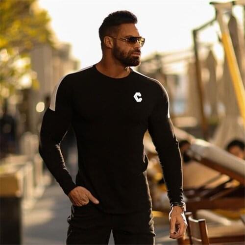 2019 Autumn New Men Long Sleeve O-Neck Sports T Shirt Mens Gyms Fitness bodybuildin Fashion Cotton Tee Tops Men Brand Clothing