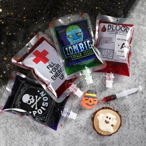 5pcs Creative Halloween Blood Drink Bag 250ml PET Food Bags Juice Bag Zombie Vampire Plasma Cosplay Props Halloween Decor Props