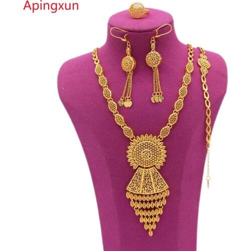 PINXUN New Luxury Gold Color/Copper Dubai African Necklace Bracelet Earrings Ring 24K Jewelry Set For Women Bridal Wedding Gifts