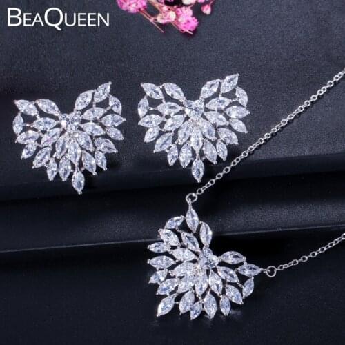 BeaQueen Fashion Cubic Zirconia Big Love Heart Shape Earrings Necklace Jewelry Set for Women Anniversary Party Gift JS043