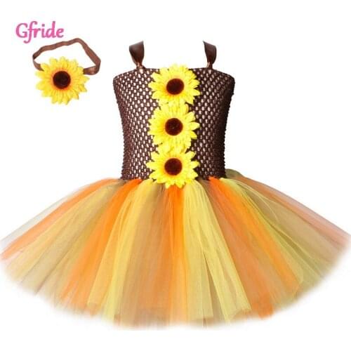 Summer Gold Girls Sunflower Childrens dress With Headband Princess Tutu Tulle Costume Halloween Party Scarecrow Clothing 2-10T