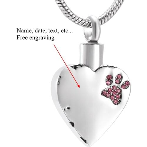 LKJ9981 Free Engraving, Crystals Inlay Pet Urn Necklace Heart Cremation Pendant Ashes Holder Memorial for Dog/ Cat