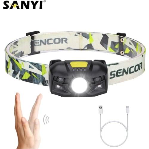 White Red LED Headlamp Head Flashlight Torch Body Motion Sensor USB Rechargeable Head Light Forehead Lamp Head Fishing Headlight