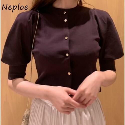 Neploe New Sweet Warm All-match O-neck Cardigan Solid Color Chic Button Sweater Women 2021 Autumn Loose Puff Sleeve Coat