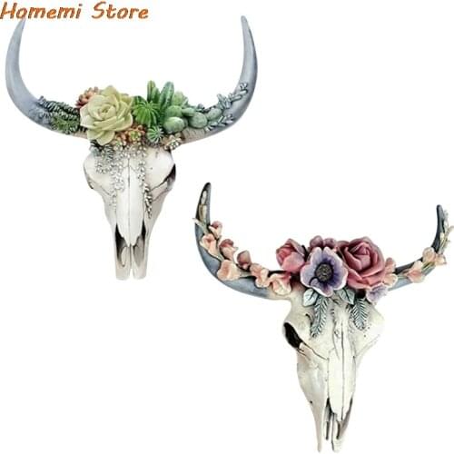Resin Home Decoration Succulents Bull Head Statue Sculpture Wall Decor Animal Figurine Miniature Living Room Decorative Art