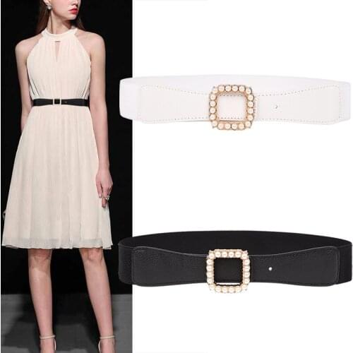Newest Belts for Women Pearl Decoration gold square Buckle waistbands Female PU Leather Belt white Waistband for Pants Dresses