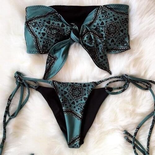Sexy Print Thong Bikini 2020 Women Bandeau String Swimsuit Female Swimwear Two pieces Bikini set Knotted Push Up Bathing Suit