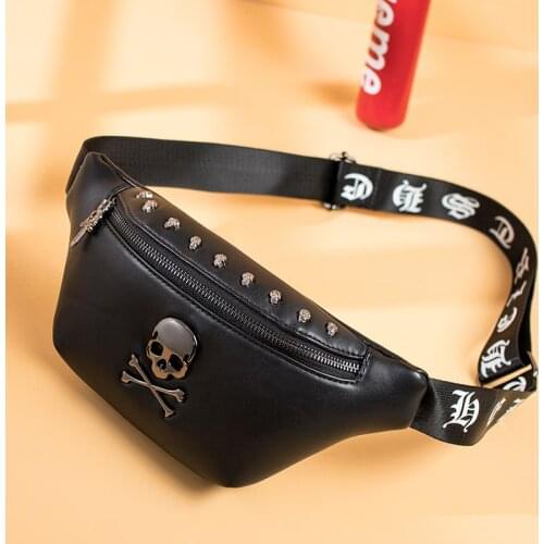 Cool Unisex Waist Bag Pu Leather Chest Bag Skull Fanny Pack Women Black Waist Pack Ladies Punk Belt Bag High Quality Bum Bag