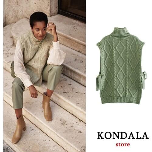 KONDALA Women Fashion Za 2021 Sweater Eight-strand Woven Thick Needle High Neck Waistcoat Elegant Mujer Tops