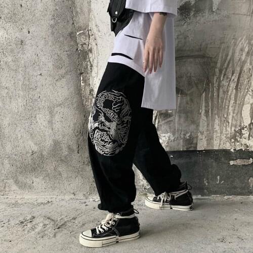 Spring Autumn Mens and Womens Harajuku Streetwear Dark Retro Dragon Embroidery Sports Casual Pants Black Low Waist BF slacks