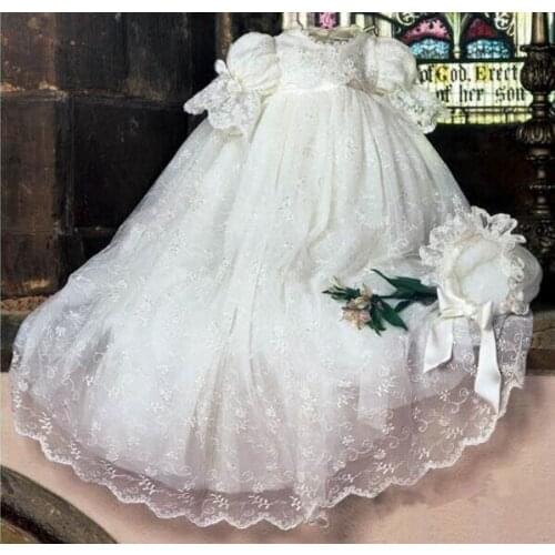 High Quality Baby Girls Christening Gown Children Baptism Dress Lantern Sleeve Infant Outfit Baptism Dress WITH BONNET