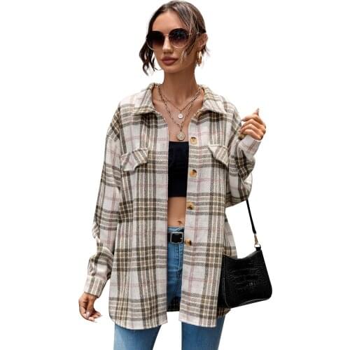 Ladies Autumn Winter New Plaid Shirt Cardigan Womens Cool Single Breasted Long Sleeve Cotton Lapel Shirt