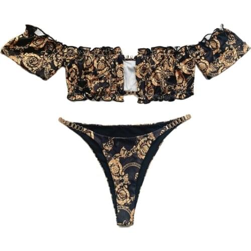 69HD Women Sexy 2 Piece Micro Bikini Set Short Sleeve Off Shoulder Ruffles Hollow Out Swimsuit Vintage Floral Printed Metal Suit