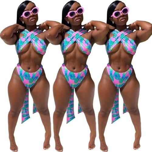 Ummer New Ladies Nightclub Fashion Pineapple Print Strap Split Swimsuit Suit