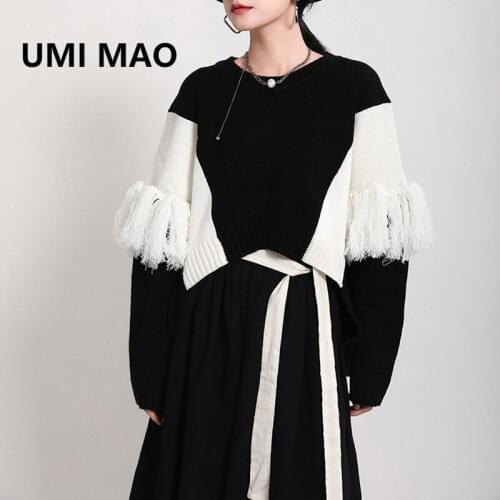 UMI MAO Round Neck Sweater Womens Autumn Winter New Style 2021 Design Contrast Tassel Long-sleeved Knitted Soft Waxy Y2k