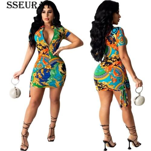 SSEURAT Fashion V neck Short Sleeve Sheath Dress for Women Print Sexy Nightclub Club Mini Dress