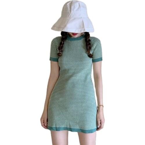 Retro Green Plaid Short Sleeve Dress Women High Waist Hip Bodycon Vestido O Neck Pullover 2021 Fashion Korean Ropa Temperament