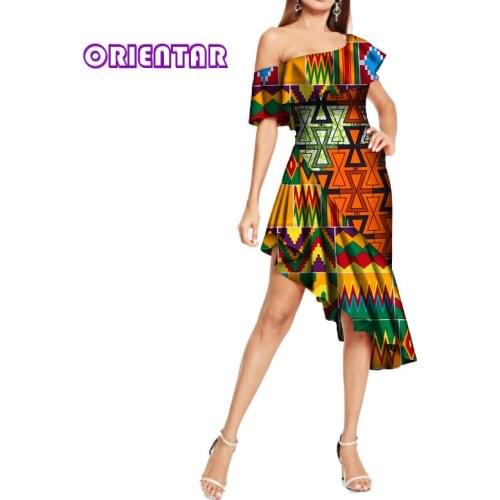 Asymmetric Patchwork Print Dress for Women Sexy Off Shoulder Anakra Dress Lady Evening Party African Dresses WY314