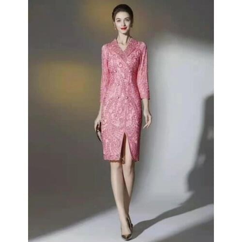 Vestidos De Fiesta 2021 Autumn Winter Party Events Women Notched Collar Allover Luxurious Embroidery Long Sleeve Red Pink Dress