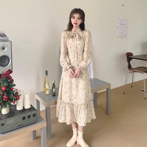 Korean Style Retro Gentle Long Sleeve Floral Dress for Women Spring Temperament Slimming New Fashion lolita dress