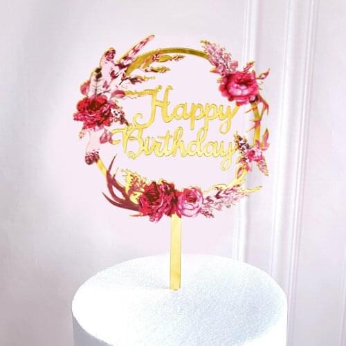1Pc Handmade Colored Flower Garland Cake Topper Golden Acrylic Happy Birthday Dessert Top Card Toppers Birthday Wedding Decor