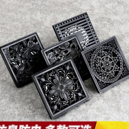 10x10cm Antique Copper Carved Floor Drain Classical Nickel Bathroom Shower Deodorant Square Floor Drain Filter Cover Floor Drain