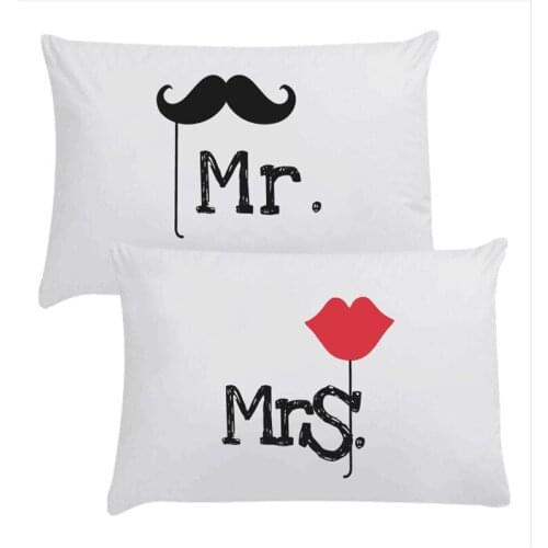 2Pcs Couples Sleeping Pillowcase MR MRS Print Lovers Pillow Case Pillow Cover Shams Sweetheart Valentines Day Gift Queen Size