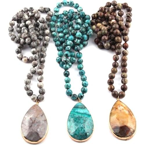 Free Shipping Bohemian Jewelry Fashion Stone Knotted Natural Stone Pendant Necklaces For Women