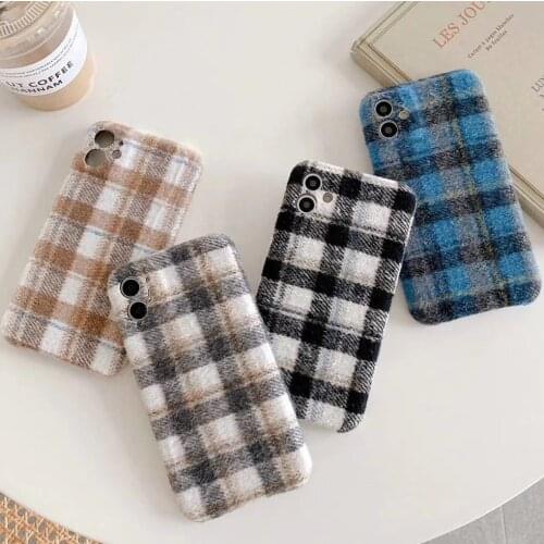 Gimfun Simple Plaid Felt Fabrics Phone Case for Iphone 12 11 Pro Max Mini 7 8 Xr Xs Plus Warm Cloth Soft Tpu Back Cover